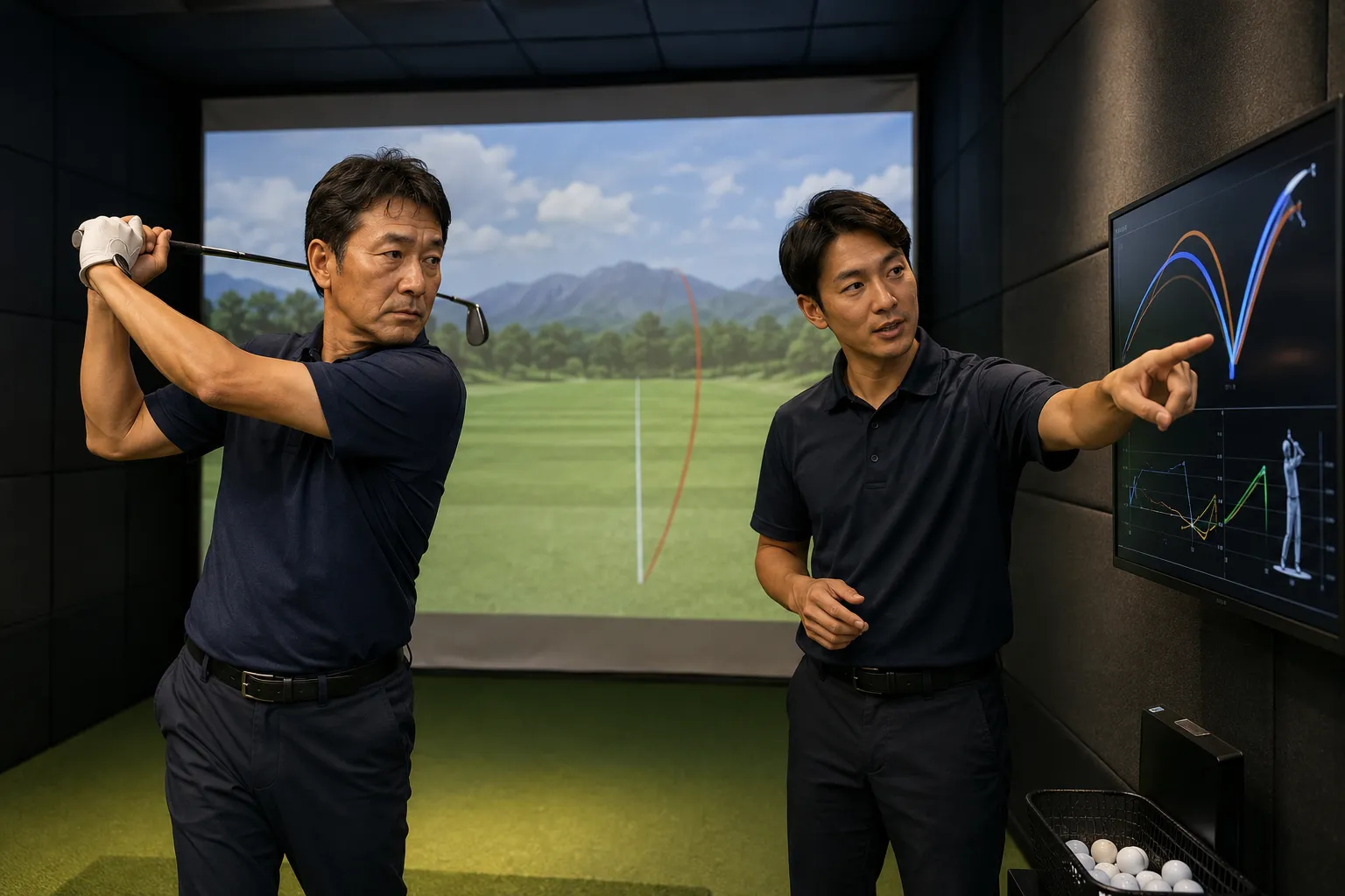 完全個室のゴルフシミュレーターでスイング指導を受ける男性